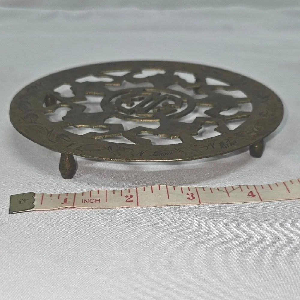 Vintage Brass‎ Trivet Round Footed India 385J Shou Symbol Longevity 5.25 inch